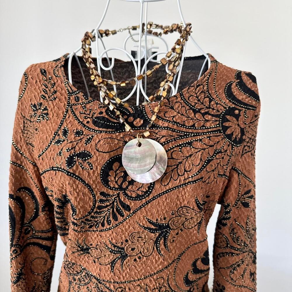 Gorgeous 90s vintage y2k brown rust & gold paisley long sleeve top - Picture 3 of 6